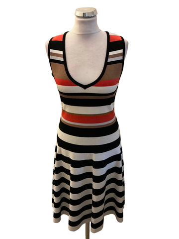 KAREN MILLEN, BLACK, WHITE, TAN & ORANGE STRIPED A- LINE DRESS  SIZE M