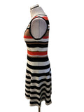 KAREN MILLEN, BLACK, WHITE, TAN & ORANGE STRIPED A- LINE DRESS  SIZE M