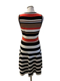 KAREN MILLEN, BLACK, WHITE, TAN & ORANGE STRIPED A- LINE DRESS  SIZE M