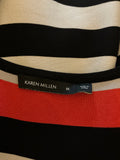 KAREN MILLEN, BLACK, WHITE, TAN & ORANGE STRIPED A- LINE DRESS  SIZE M