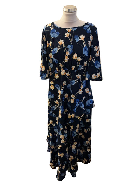 ROMAN NAVY BLUE FLORAL PRINT A-LINE MIDI DRESS SIZE 16