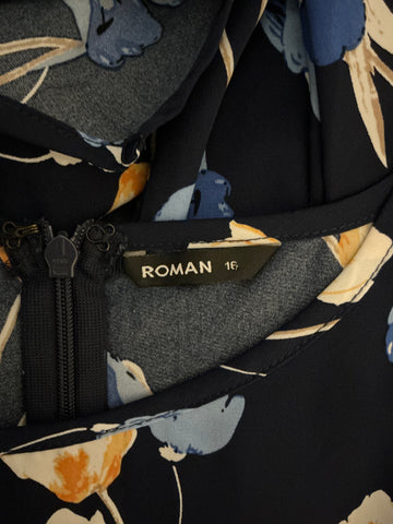ROMAN NAVY BLUE FLORAL PRINT A-LINE MIDI DRESS SIZE 16