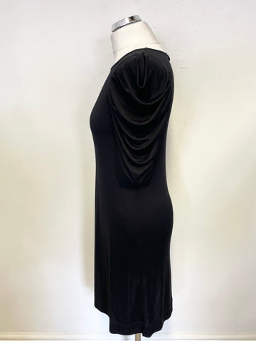 JAEGER BLACK 100% SILK SHORT PLEATED DRAPE SLEEVE SHIFT DRESS SIZE XS
