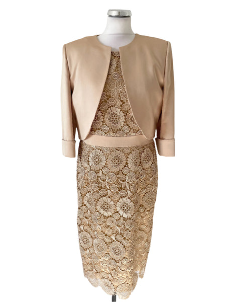 BRAND NEW ISABELLA SPECIAL OCCASION GOLD LACE SHIFT DRESS & JACKET SIZE 14