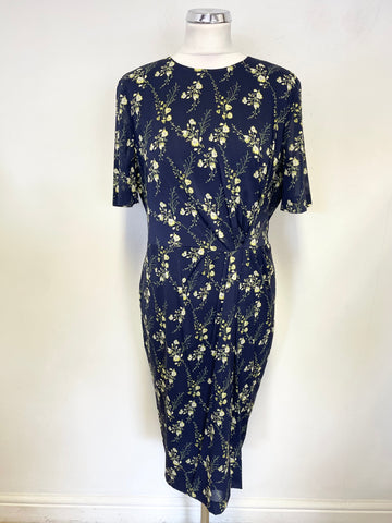 HOBBS SILK NAVY BLUE & LIME FLORAL PRINT SHORT SLEEVED OCCASION DRESS SIZE 14