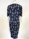 HOBBS SILK NAVY BLUE & LIME FLORAL PRINT SHORT SLEEVED OCCASION DRESS SIZE 14