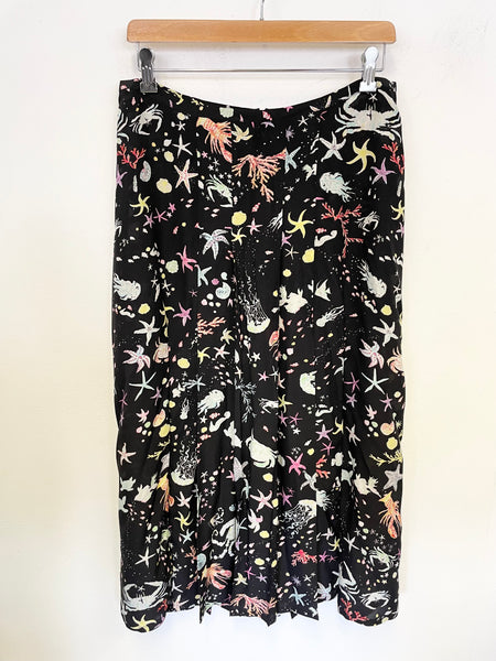 RIXO BLACK 100% SILK SEA CREATURES PRINT FIT & FLARE MIDI SKIRT SIZE L
