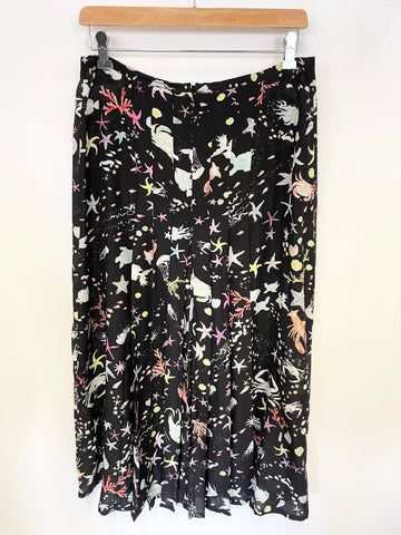 RIXO BLACK 100% SILK SEA CREATURES PRINT FIT & FLARE MIDI SKIRT SIZE L
