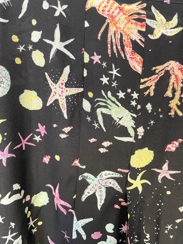 RIXO BLACK 100% SILK SEA CREATURES PRINT FIT & FLARE MIDI SKIRT SIZE L