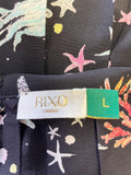 RIXO BLACK 100% SILK SEA CREATURES PRINT FIT & FLARE MIDI SKIRT SIZE L