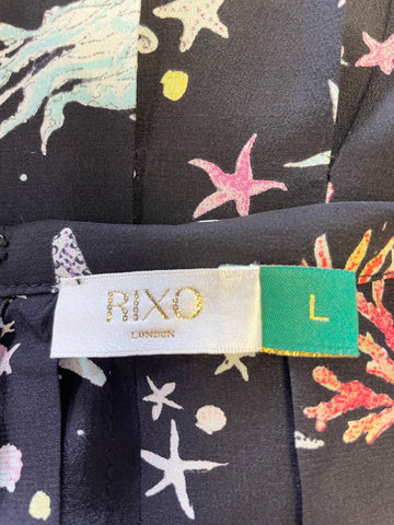 RIXO BLACK 100% SILK SEA CREATURES PRINT FIT & FLARE MIDI SKIRT SIZE L