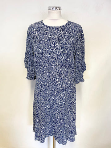 BRAND NEW WHISTLES NAVY BLUE & WHITE PRINT SHORT PUFF SLEEVE FIT & FLARE DRESS SIZE 16
