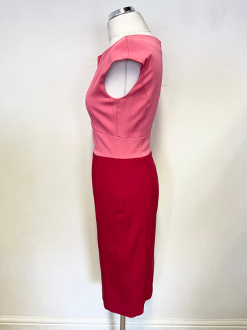 LK BENNETT PINK & RED COLOUR BLOCK CAP SLEEVE PENCIL DRESS SIZE S UK 8/10