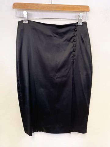 JAEGER BLACK SATIN FRONT BUTTON DETAILED STRAIGHT PENCIL SKIRT SIZE 6