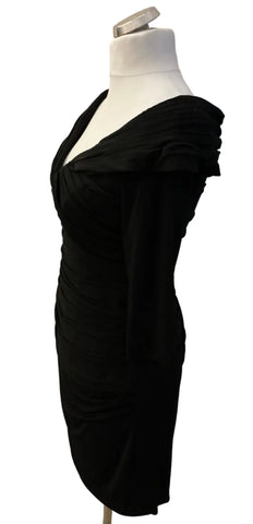 IRRESISTIBLE BLACK WIDE NECK RUCHED 3/4 SLEEVE OCCASION DRESS SIZE 16