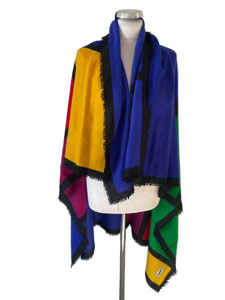 VINTAGE YVES SAINT LAURENT MULTI COLOURED WOOL COLOUR BLOCK SHAWL/WRAP