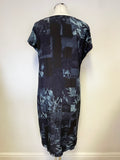 JIGSAW NAVY ABSTRACT PRINT WITH SILK OVERLAY PANEL SHIFT DRESS SIZE 12