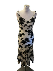 HOBBS IVORY & BLACK FLORAL PRINT 100% SILK SPECIAL OCCASION MIDI DRESS  SIZE 8