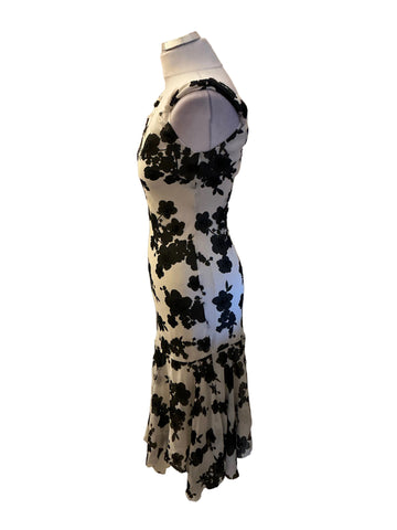 HOBBS IVORY & BLACK FLORAL PRINT 100% SILK SPECIAL OCCASION MIDI DRESS  SIZE 8