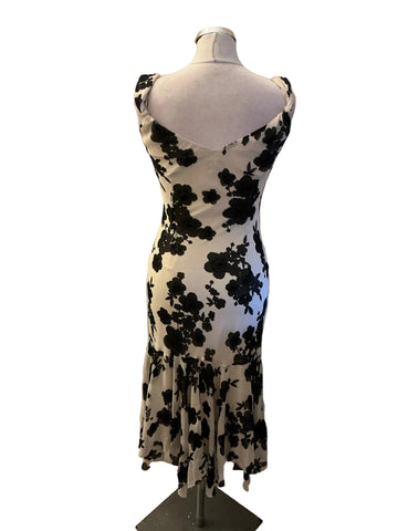 HOBBS IVORY & BLACK FLORAL PRINT 100% SILK SPECIAL OCCASION MIDI DRESS  SIZE 8