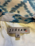 JIGSAW TURQUOISE BLUE & IVORY PRINT 100% SILK FINE STRAP MAXI DRESS  SIZE 12