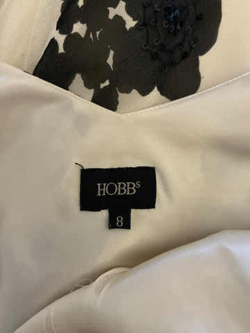 HOBBS IVORY & BLACK FLORAL PRINT 100% SILK SPECIAL OCCASION MIDI DRESS  SIZE 8