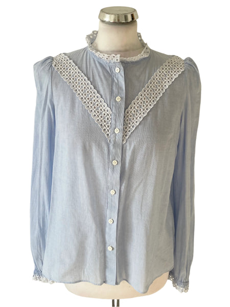 ME+EM BLUE COTTON LACE TRIMMED SHIRT SIZE 10