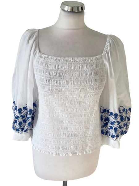 MINT VELVET WHITE & BLUE TRIM 3/4 SLEEVE COTTON TOP SIZE 16