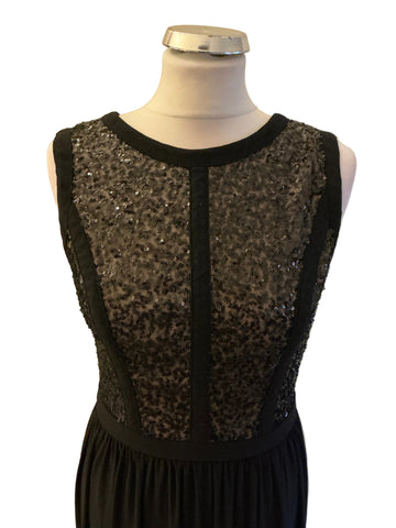 NIGHTWAY BLACK BEADED BODICE LONG EVENING DRESS  SIZE 10