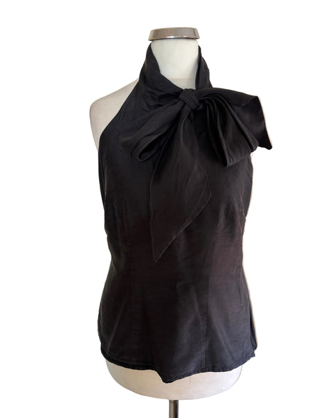 COAST 100% SILK BLACK HALTER NECK FITTED TOP WITH TIE BOW SIZE 10