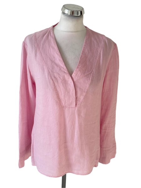 JAEGER 100% LINEN PINK V NECK LONG SLEEVE TUNIC TOP SIZE 10