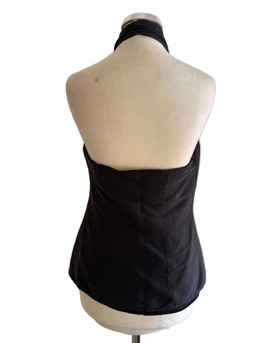 COAST 100% SILK BLACK HALTER NECK FITTED TOP WITH TIE BOW SIZE 10