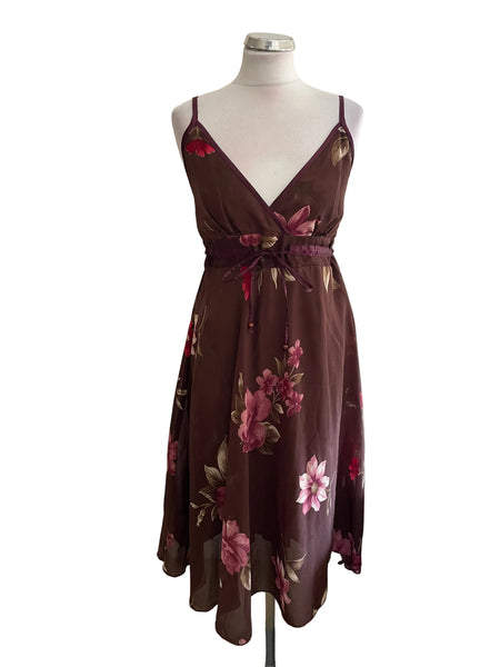 MONSOON BROWN FLORAL PRINT FINE STRAP MIDI DRESS  SIZE 14