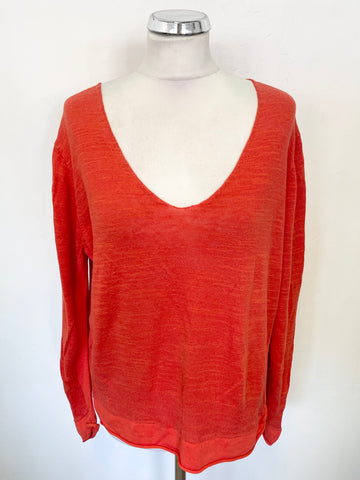JIGSAW CORAL LINEN & COTTON MIX LONG SLEEVED FINE KNIT JUMPER SIZE L
