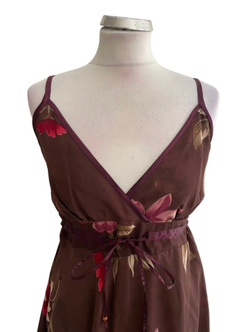 MONSOON BROWN FLORAL PRINT FINE STRAP MIDI DRESS  SIZE 14