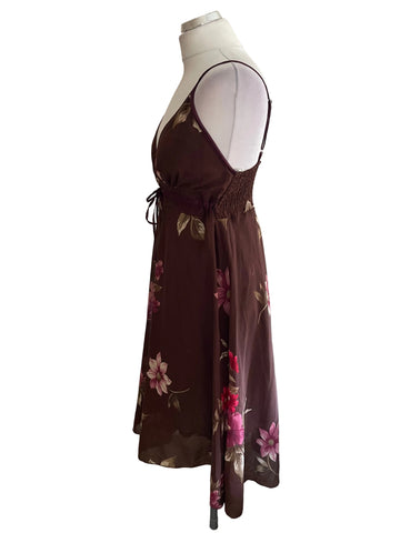 MONSOON BROWN FLORAL PRINT FINE STRAP MIDI DRESS  SIZE 14