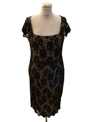 LAURA ASHLEY BLACK LACE OVER GOLD SPECIAL OCCASION PENCIL DRESS  SIZE 18
