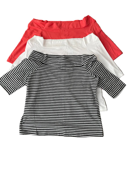 BRAND NEW WALLIS 3 X WHITE, CORAL & BLACK STRIPED WIDE NECK OFF SHOULDER TOPS SIZE 16