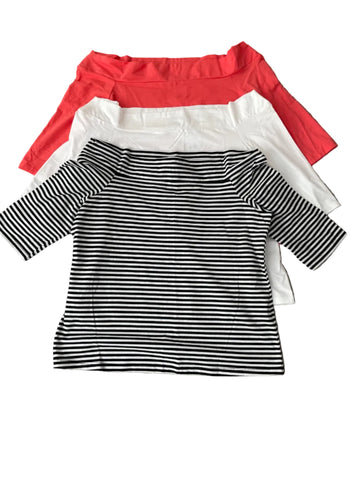 BRAND NEW WALLIS 3 X WHITE, CORAL & BLACK STRIPED WIDE NECK OFF SHOULDER TOPS SIZE 16
