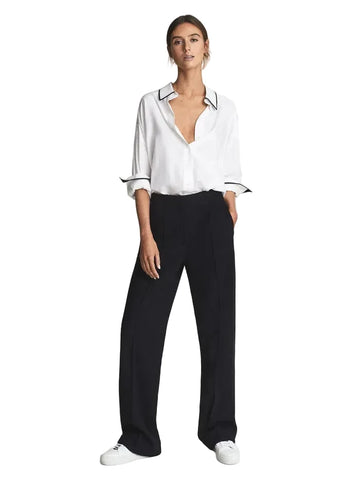 REISS IRIA NAVY BLUE WOOL BLEND WIDE LEG TROUSERS SIZE 8