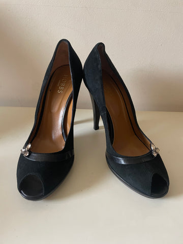 HOBBS BLACK SUEDE PEEPTOE JEWEL TRIM HEELS SIZE 6/39