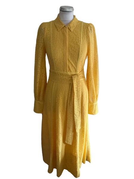 ME+EM YELLOW LACE LONG SLEEVED FIT & FLARE MIDI DRESS SIZE 8