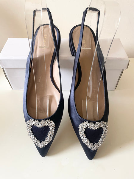 LK BENNETT NAVY BLUE SATIN DIAMANTE HEART TRIM SLINGBACK FLATS SIZE 5/38