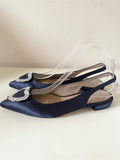 LK BENNETT NAVY BLUE SATIN DIAMANTE HEART TRIM SLINGBACK FLATS SIZE 5/38
