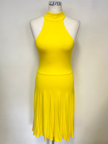 KAREN MILLEN YELLOW HIGH NECKLINE STRETCH JERSEY FIT & FLARE DRESS SIZE 10