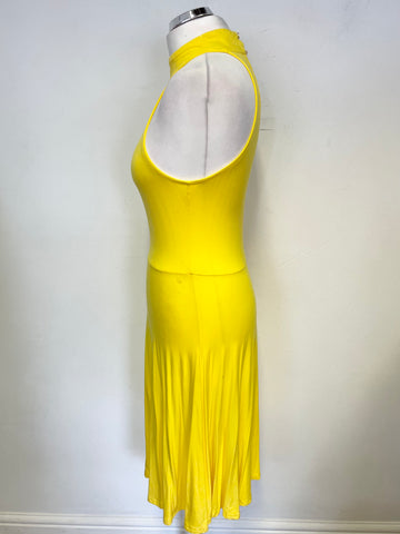 KAREN MILLEN YELLOW HIGH NECKLINE STRETCH JERSEY FIT & FLARE DRESS SIZE 10