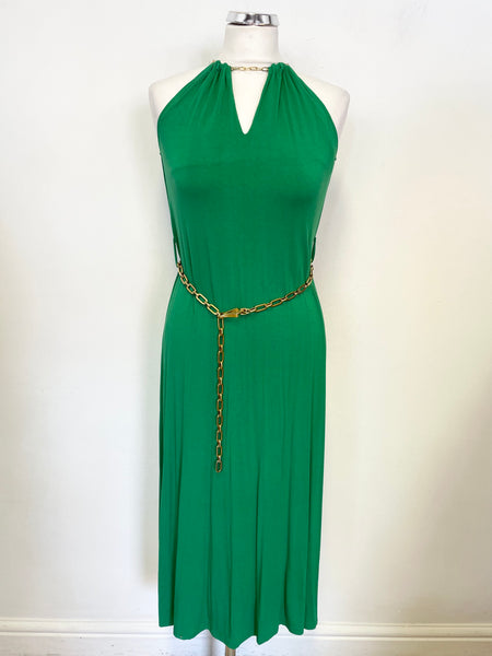 KAREN MILLEN EMERALD GREEN WITH GOLD CHAIN TRIM STRETCH JERSEY DRESS SIZE 10