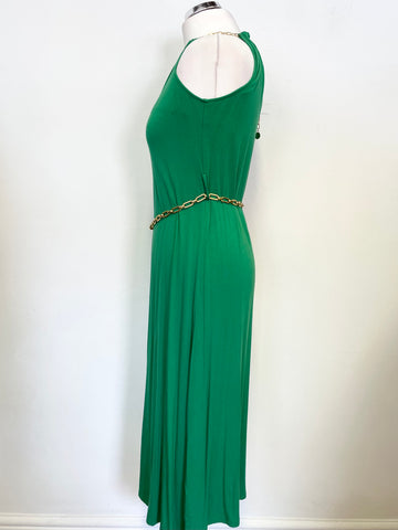 KAREN MILLEN EMERALD GREEN WITH GOLD CHAIN TRIM STRETCH JERSEY DRESS SIZE 10