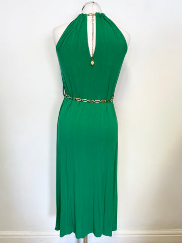 KAREN MILLEN EMERALD GREEN WITH GOLD CHAIN TRIM STRETCH JERSEY DRESS SIZE 10
