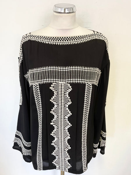 KAREN MILLEN BLACK & IVORY LACE TRIM LONG SLEEVED TOP SIZE 14